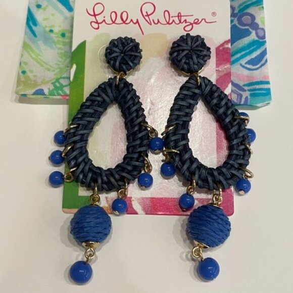 NWT Lilly Pulitzer Navy Blue Raffia Dangle Earrings Boho Summer Vacation - Picture 2 of 3